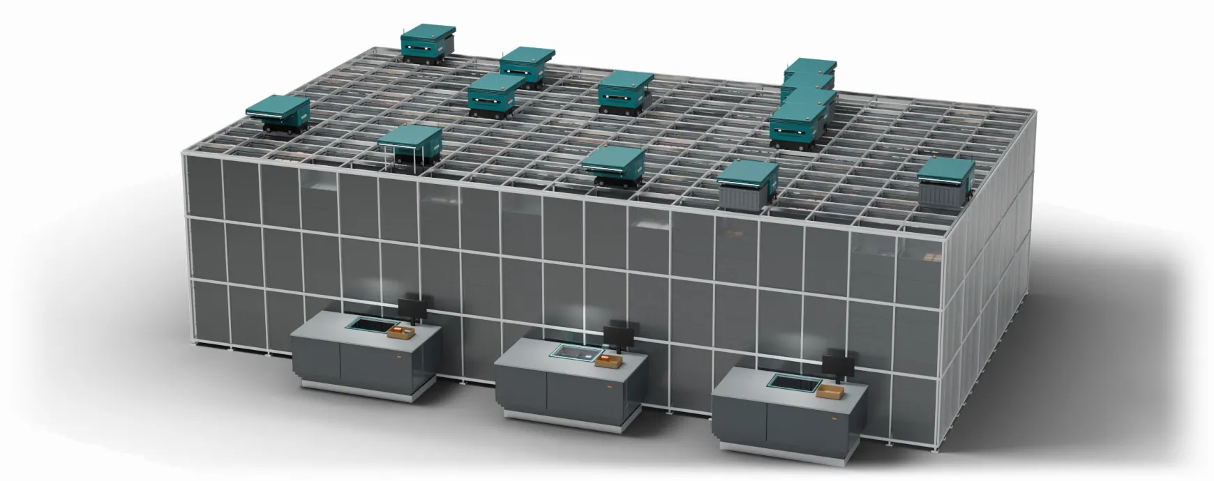 A storage grid with robots carrying bins across its top, and three pick stations in front, one presenting a bin at table height while an item is lifted out into a carton