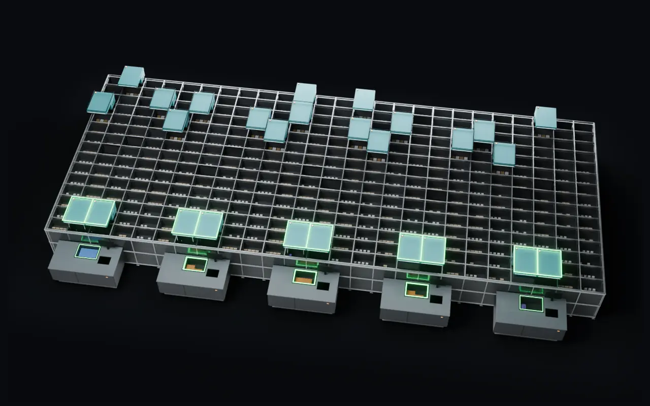 A busy hour on the grid: every port working and lit green, each robot on its own line, no queue