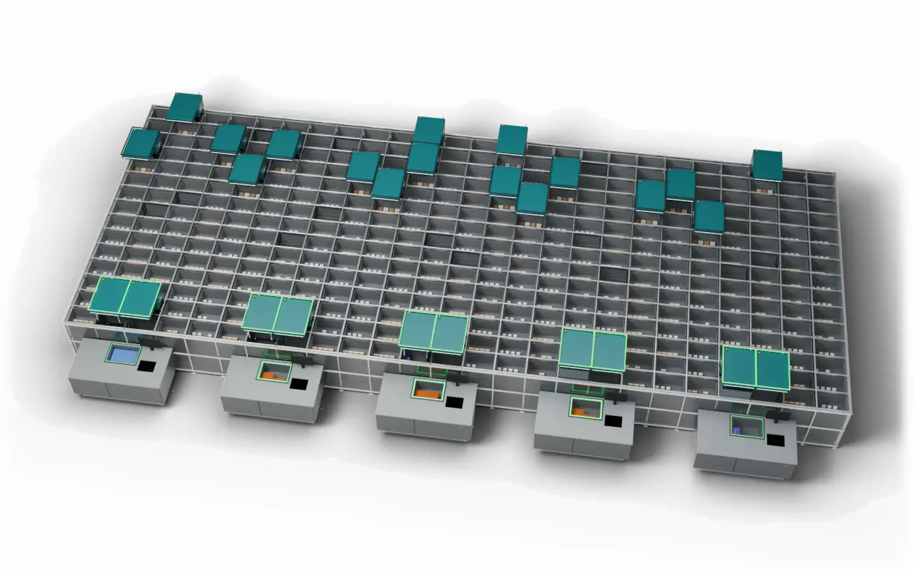 A busy hour on the grid: every port working and lit green, each robot on its own line, no queue