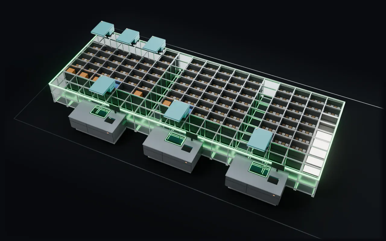 A right-sized grid with every bin in place, a strip of free cells for growth and some robots parked at chargers on its edge