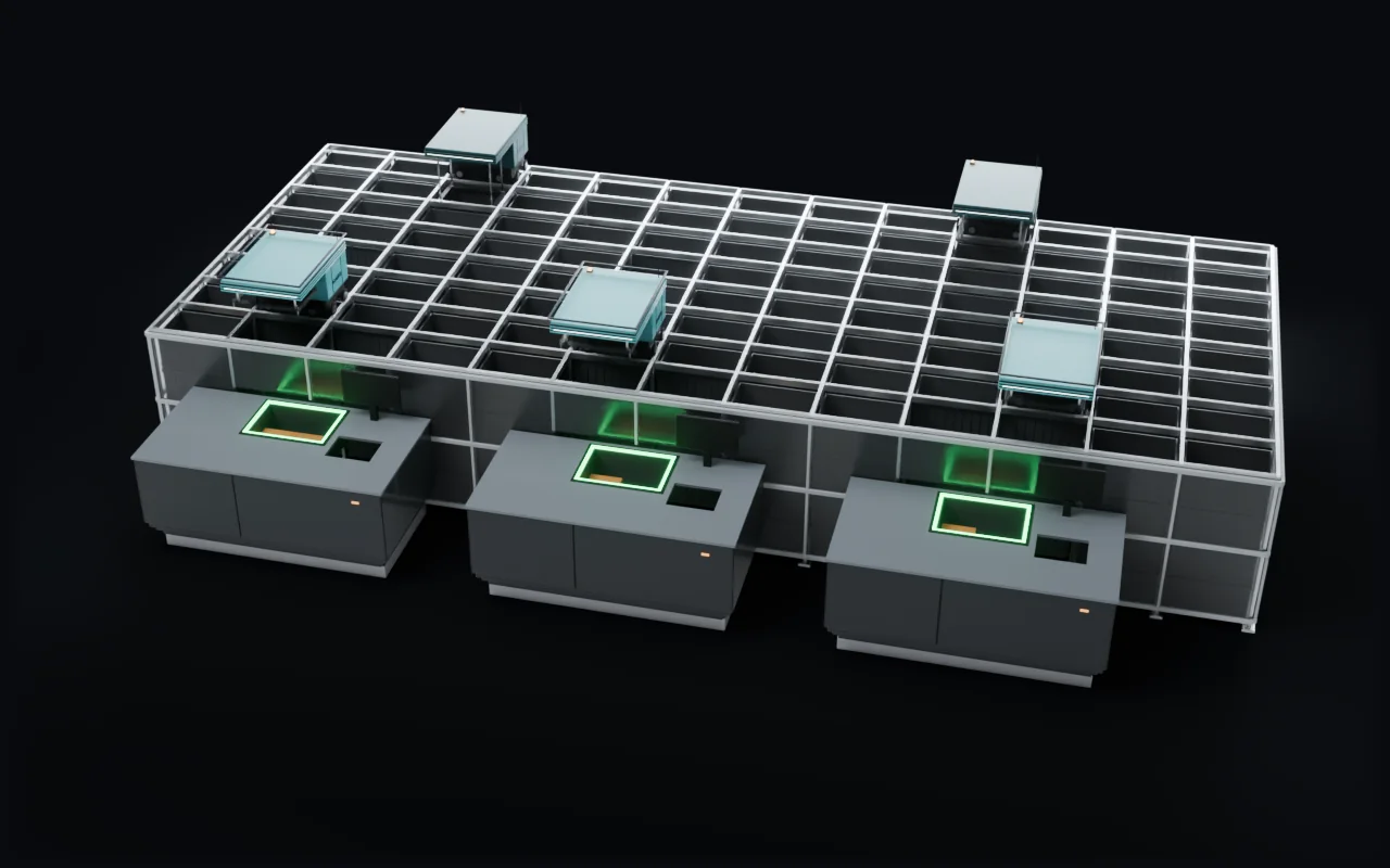 Three robots bring three bins of a fast item to three ports at once, all three ports lit green