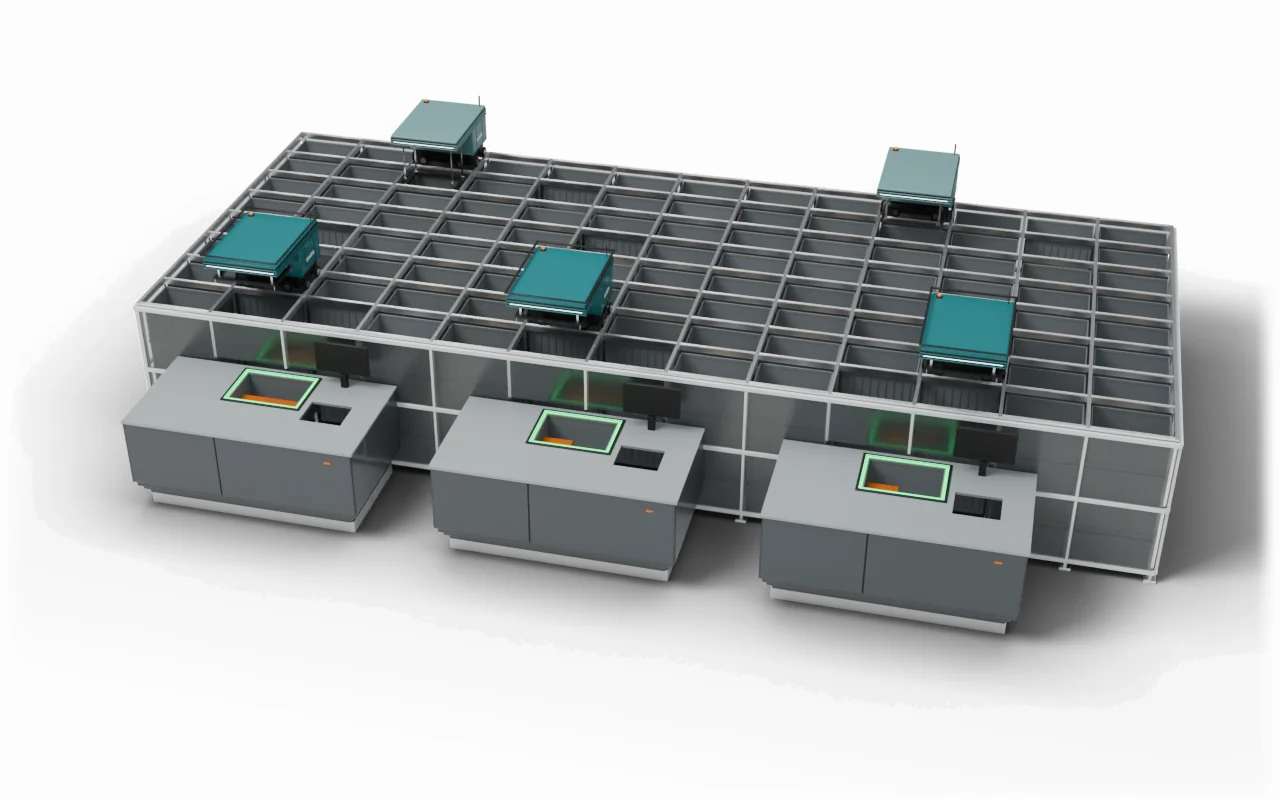 Three robots bring three bins of a fast item to three ports at once, all three ports lit green